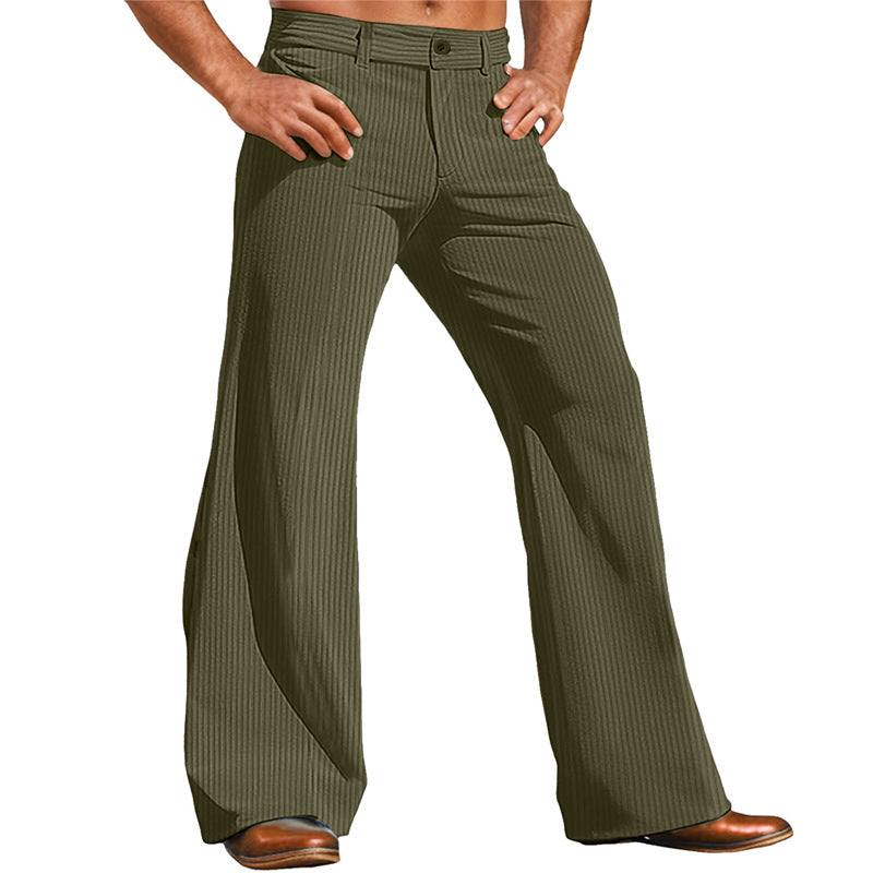 Men's army green corduroy wide-leg pants with button fly and front pockets