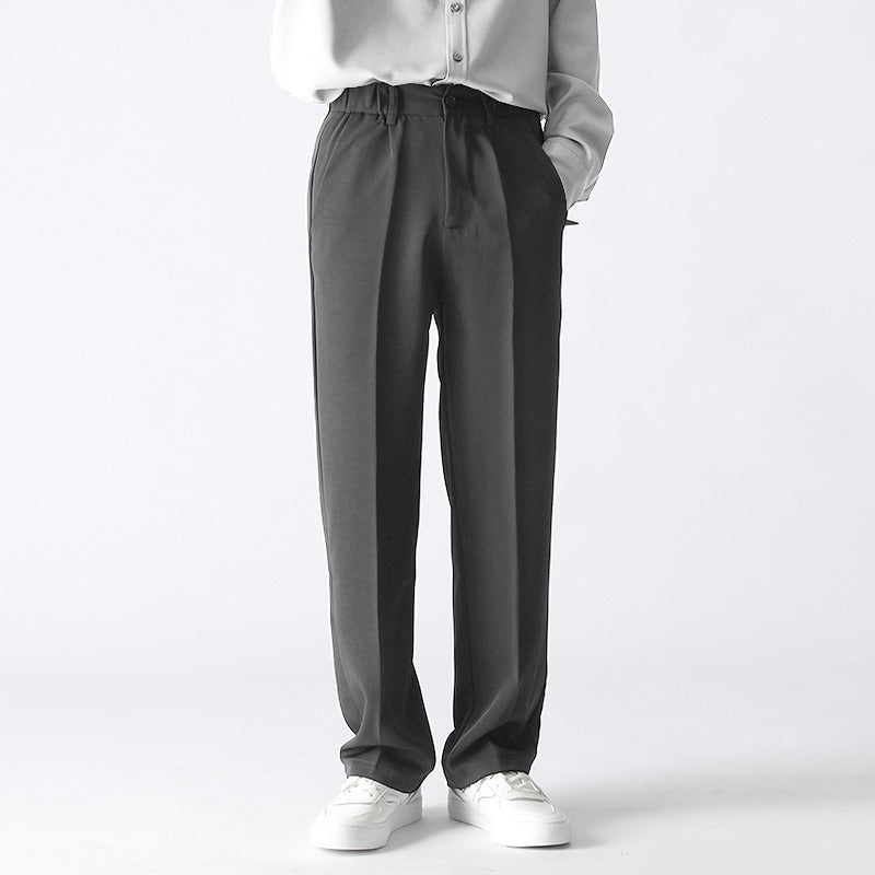 Men's straight casual trousers, dark black, elastic waistband, loose straight profile