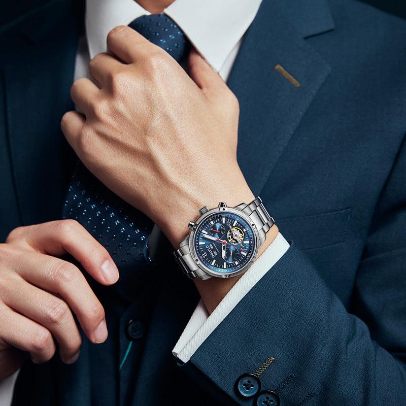 Men's multi-functional fashion watch with silver metal case and bracelet, blue dial, skeleton details