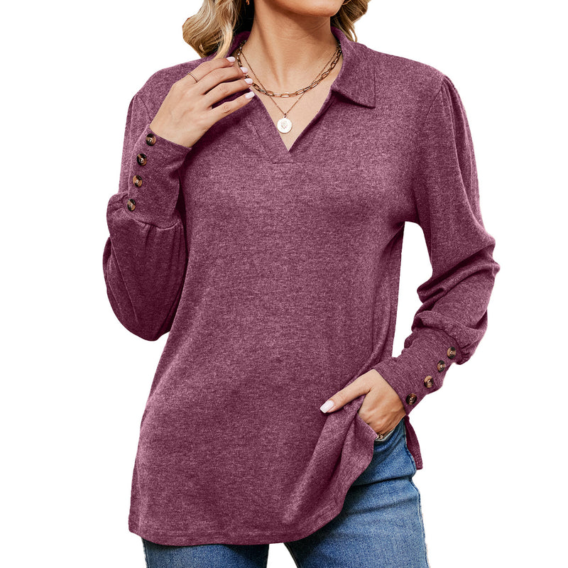 Button Loose-fitting Sanding T-shirt Top For Women - WOMONA.COM