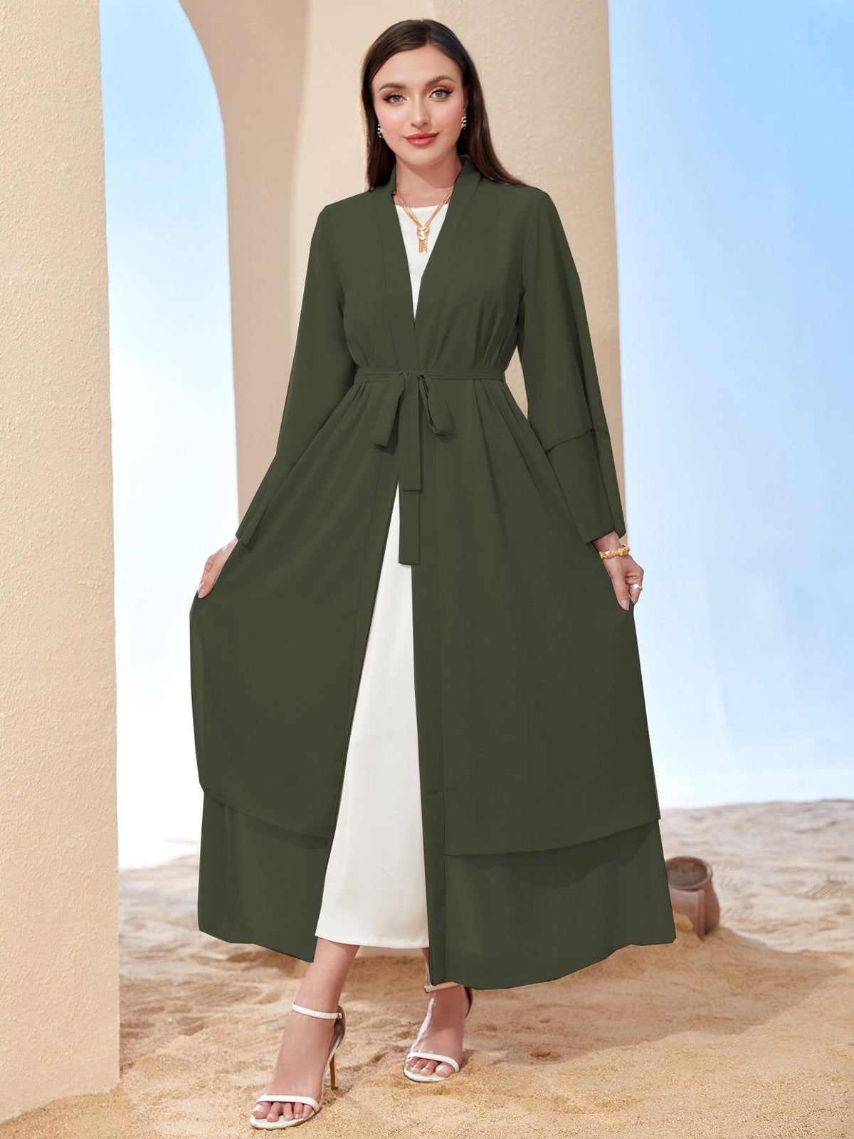 Dark green chiffon robe with V-neck, waist tie belt, flowing maxi length and layered hem