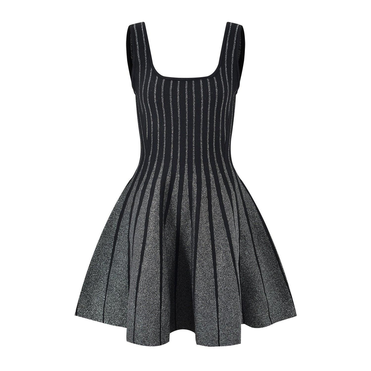 Shiny knitted dress with vertical stripe knit and wide pleated skirt hem