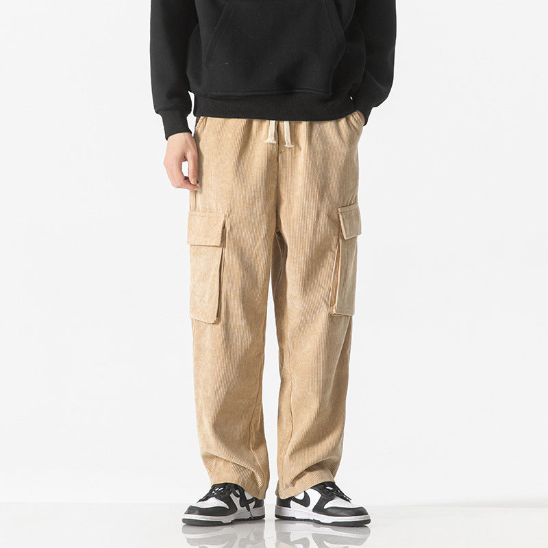 Men's khaki corduroy cargo trousers with side cargo pockets and drawstring waist
