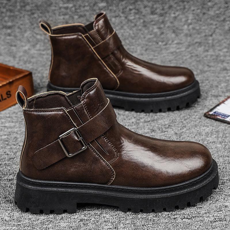 Brown casual Martin boots with side buckle strap and thick rubber sole