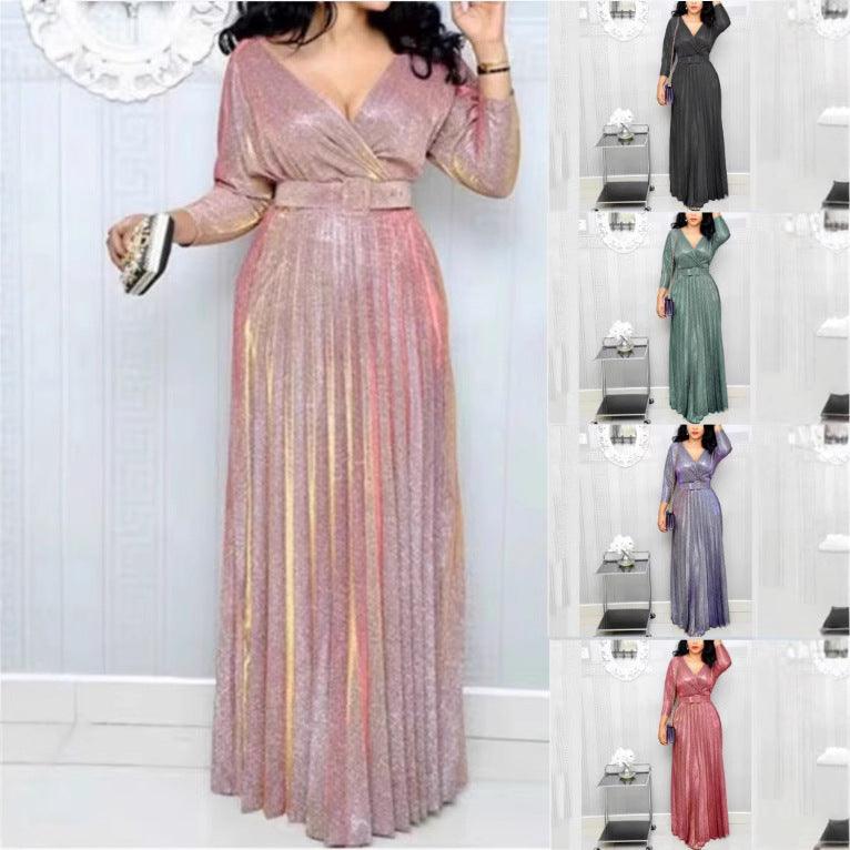 Mauve long-sleeve pleated metallic wrap maxi dress with V-neck and waist belt