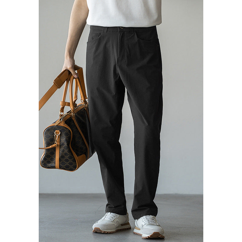 Men's quick-dry casual suit pants, black, tapered straight legs, button waist