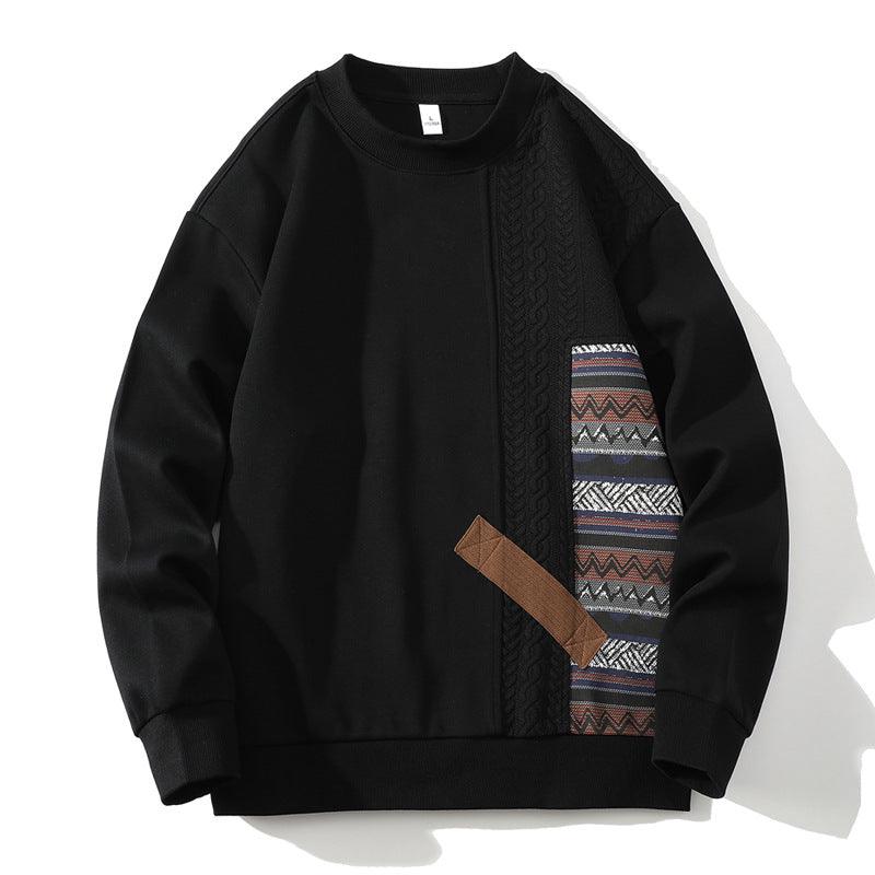 Round Neck Sweater Loose Casual Long Sleeves Patchwork Top - WOMONA.COM