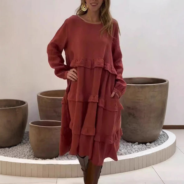 Vestido de mujer con cuello redondo, volantes y manga larga con diseño de patchwork