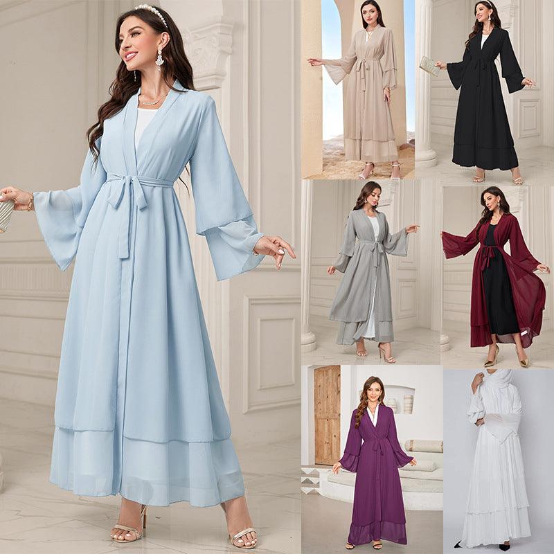Light blue chiffon robe with V-neck, tie belt, and tiered maxi skirt, wide sleeves
