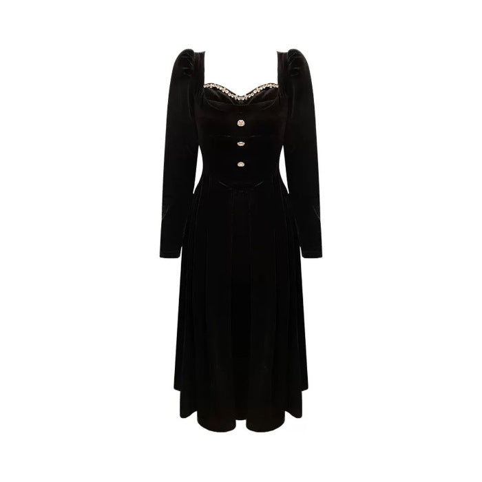 Velvet Dress Slim Fit Slimming French Gold Long Sleeve Dress - WOMONA.COM