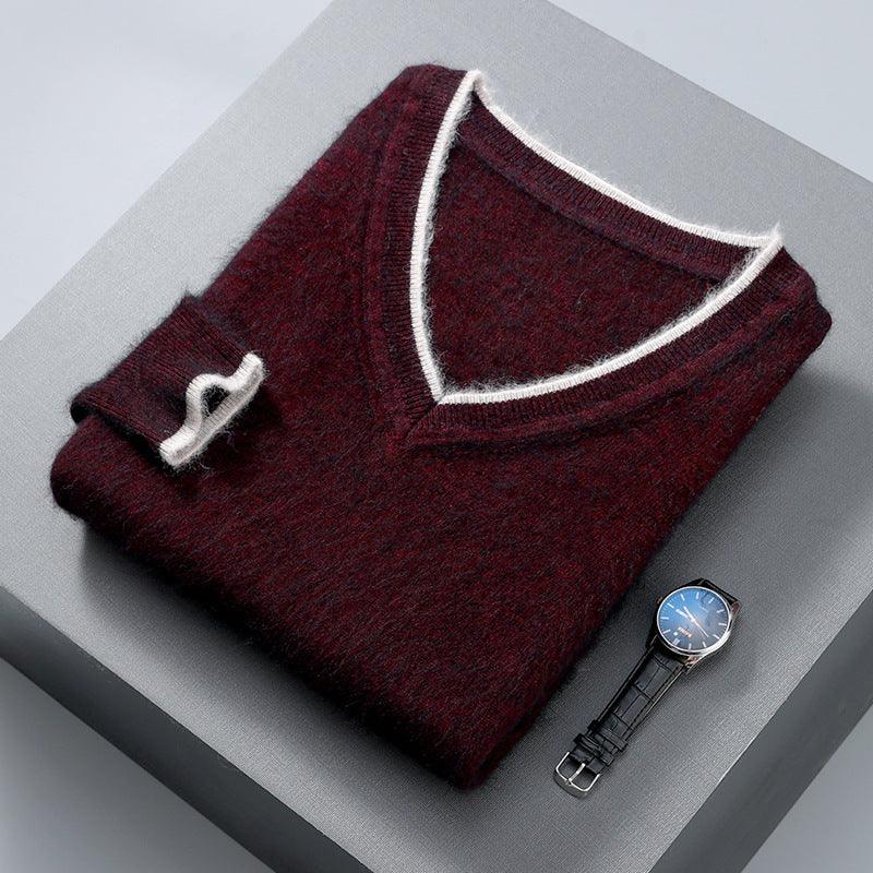 Plus size thermal sweater, burgundy knit with white V-neck trim and small chest detail