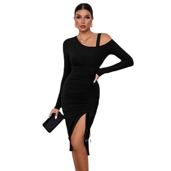 Women's Split Off-shoulder Sheath Long Sleeve Dress - WOMONA.COM