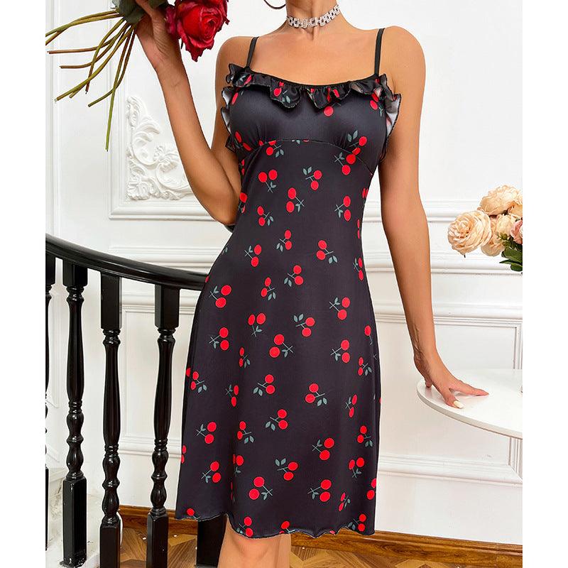 Black cherry-print nightdress with ruffled neckline and adjustable spaghetti straps