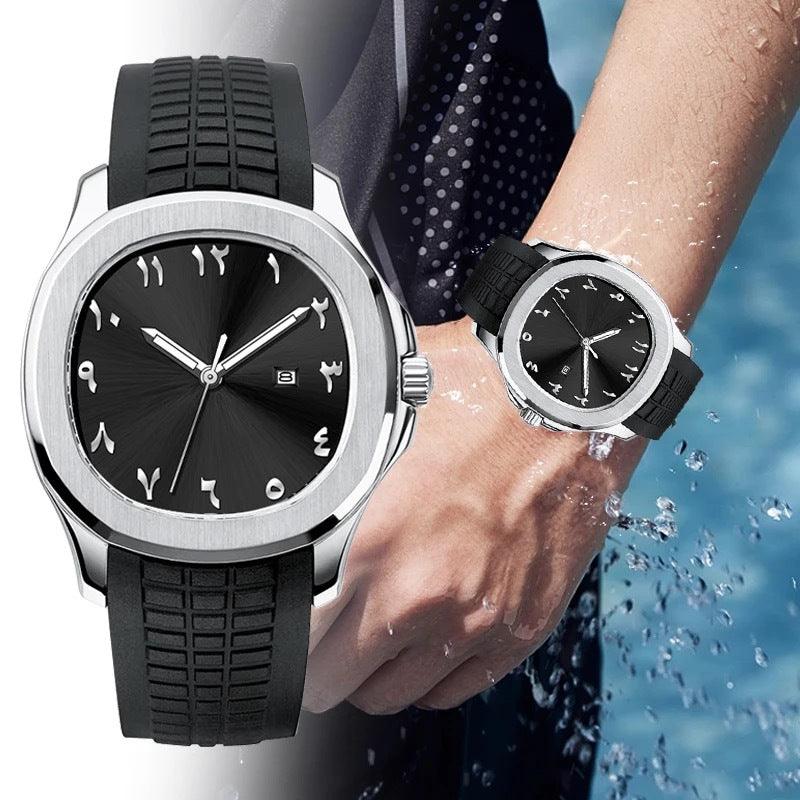 Quartz wristwatch with black dial, black silicone strap, silver-toned case