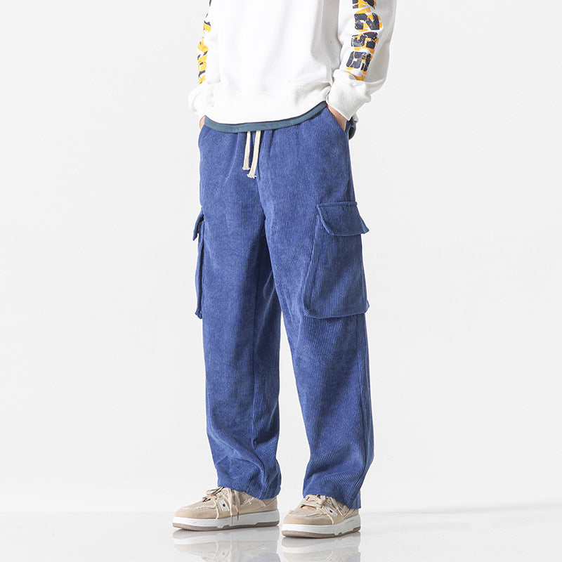 Men's blue corduroy cargo trousers with side cargo pockets and drawstring waist