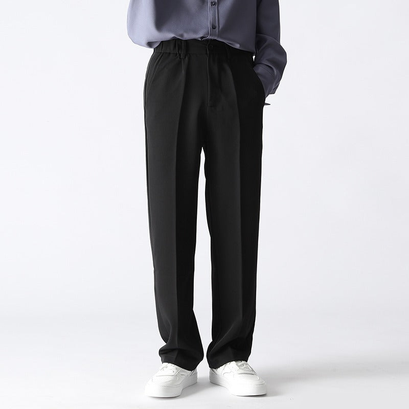 Men's straight casual trousers, black, elastic waistband, relaxed straight leg shape