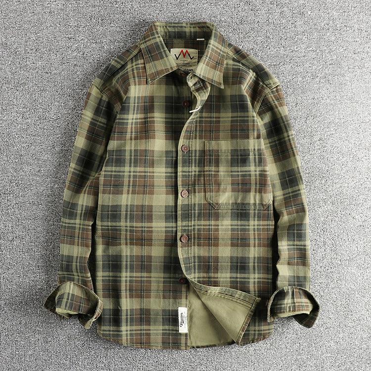 Green plaid long-sleeve button-up shirt with point collar and chest pocket