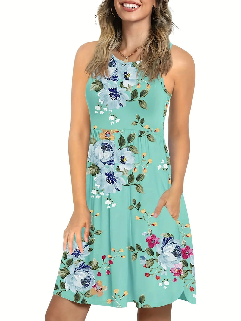 Round Neck Sleeveless Vest Pocket Dress