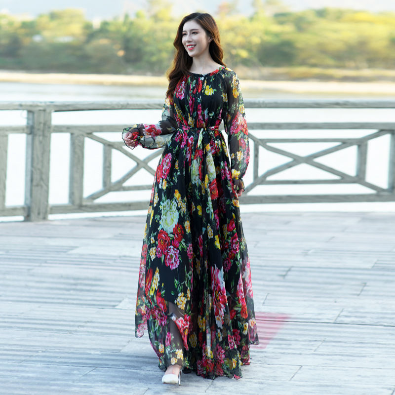 Chiffon Long Sleeve Loose Show Thin Black Long Dress - WOMONA.COM