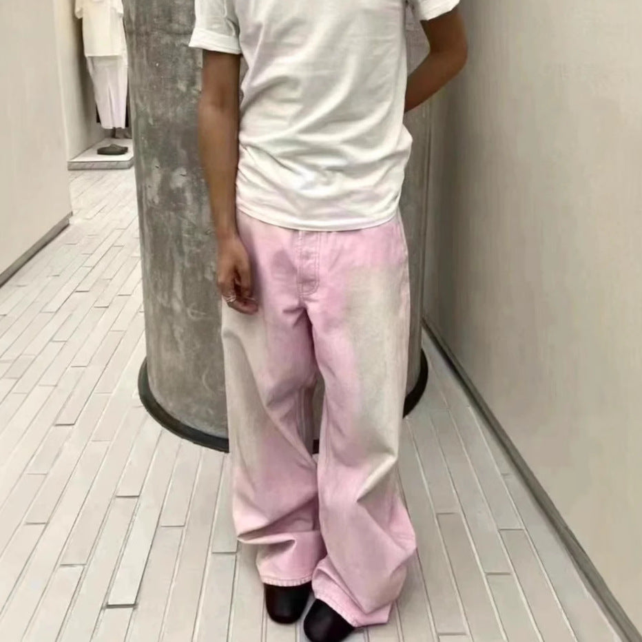 Light lavender straight-leg trousers, loose fit, belt loops, front crease