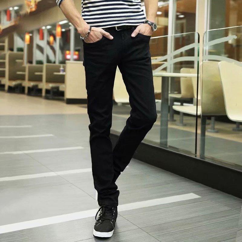 Men's black washed jeans, straight leg, five-pocket, belt loops, zipper fly