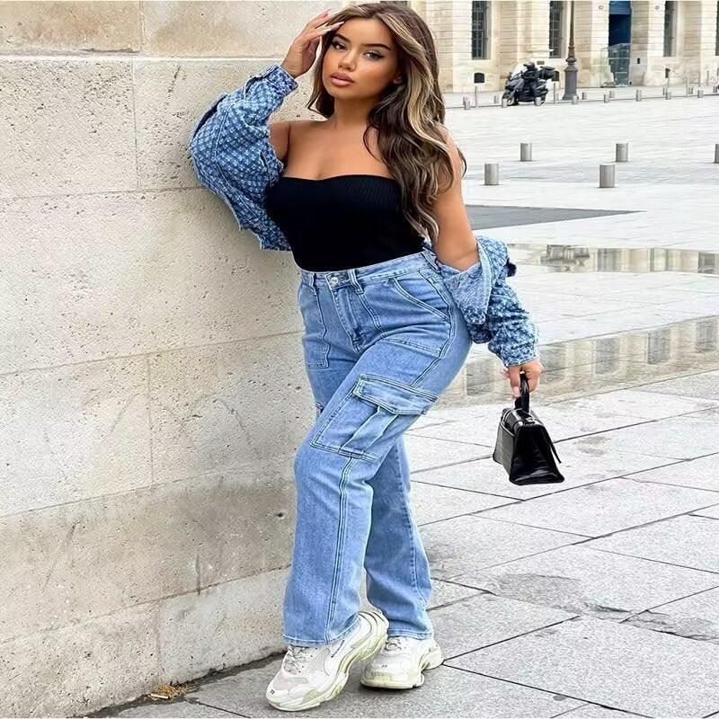 Light blue denim wide-leg cargo pants with belt loops and front flap pockets