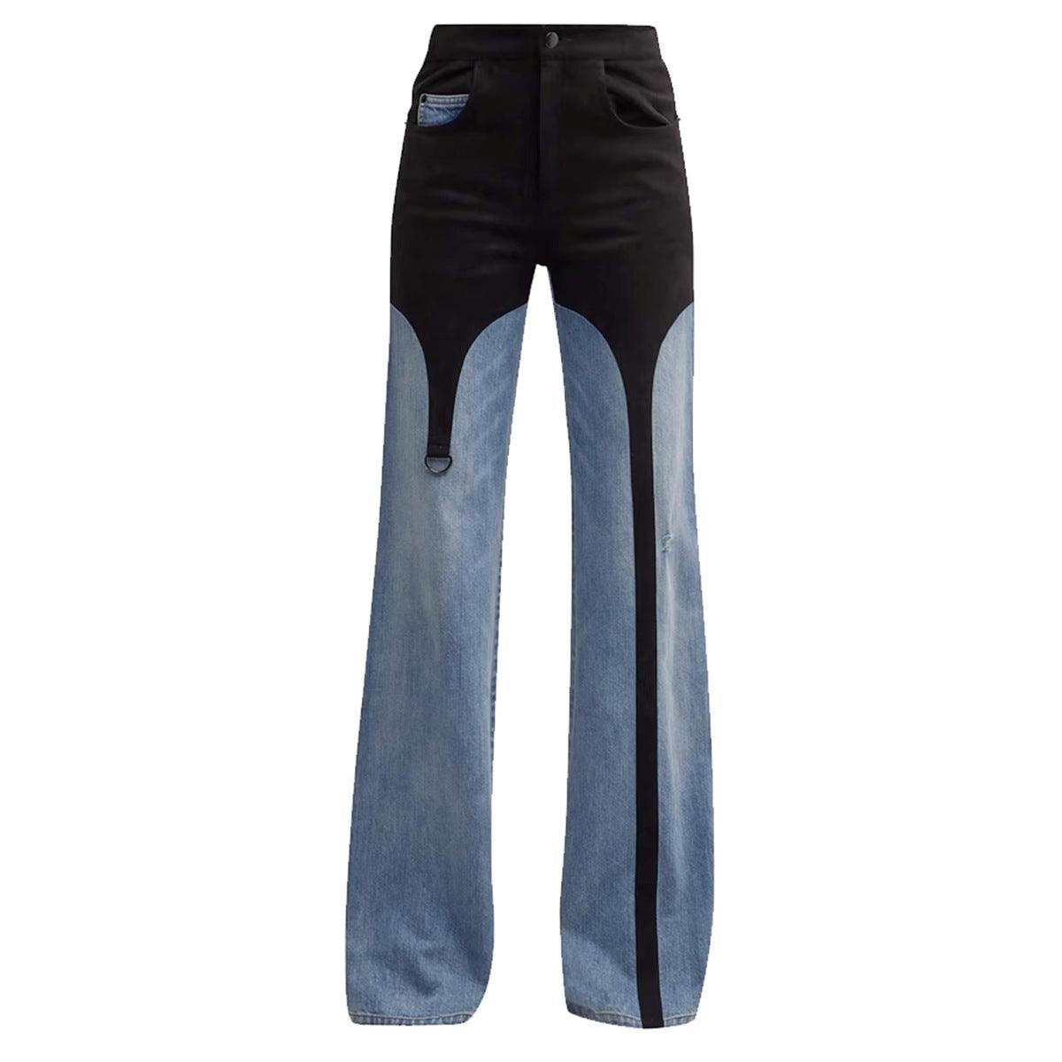 Two-tone high-rise jeans with black top panels, washed blue sides, metal ring accent