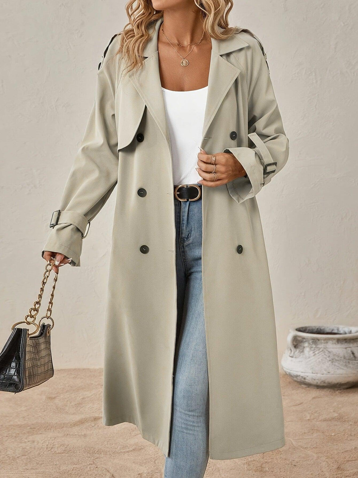 Women's khaki trench coat with belted waist, double-breasted button front
