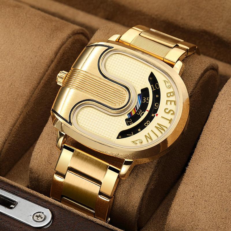Gold-tone U-shaped fashion watch with white textured dial and metal bracelet strap.