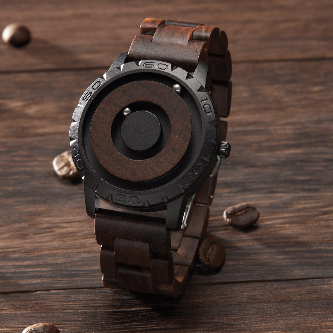 Wood-look magnetic log watch with dark round dial and brown wooden link band