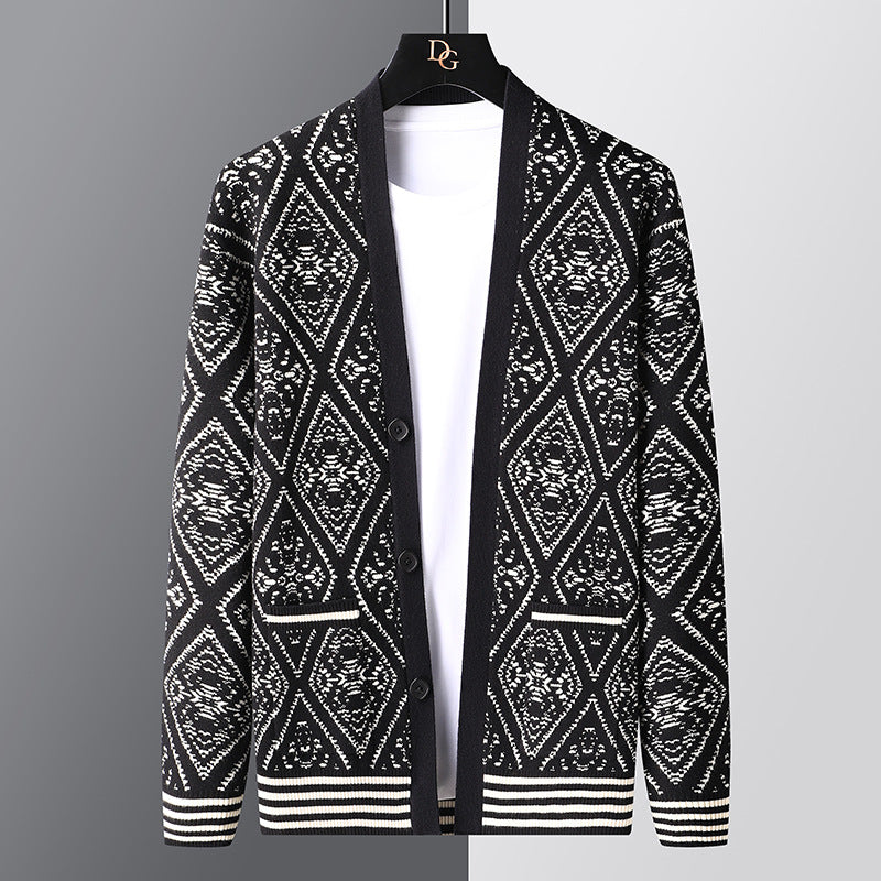 New Jacquard Cardigan V-neck Sweater Men - WOMONA.COM