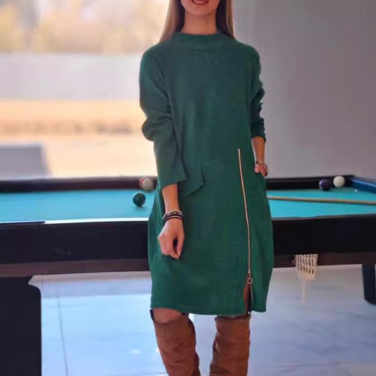 Women’s long-sleeve side-zip split dress, dark green, shift silhouette