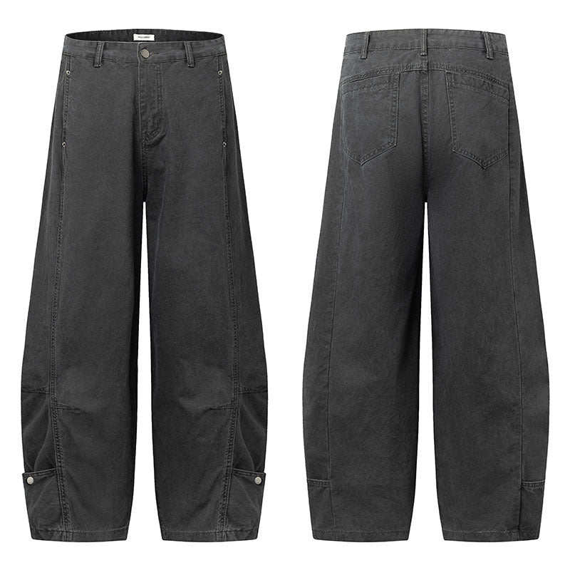 Dark gray wide-leg overalls shown front and back, with pockets and snap cuffs