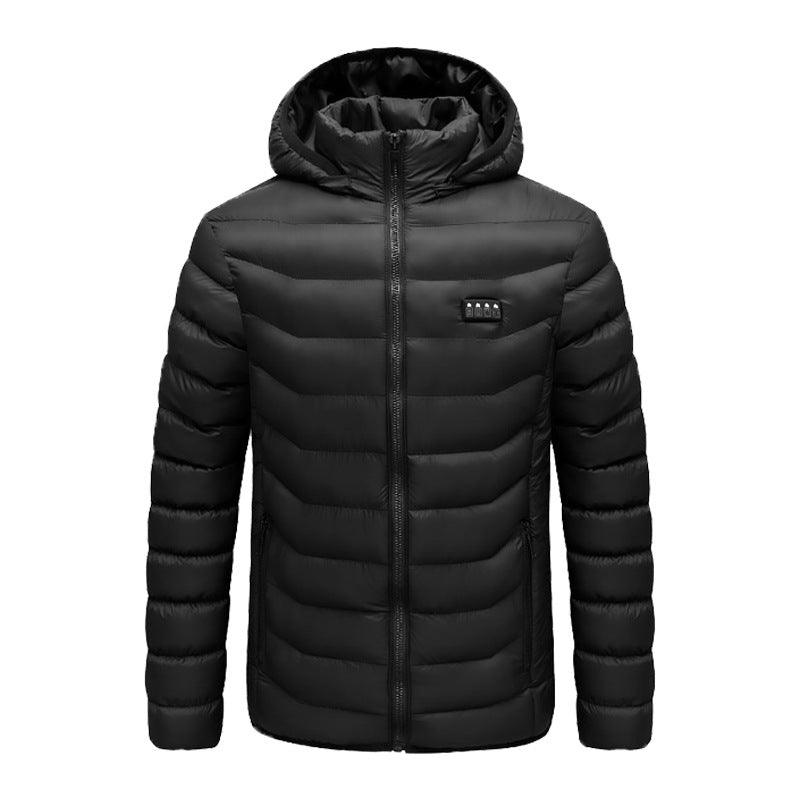 Black hooded puffer winter jacket front view with full-zip closure and quilted panels