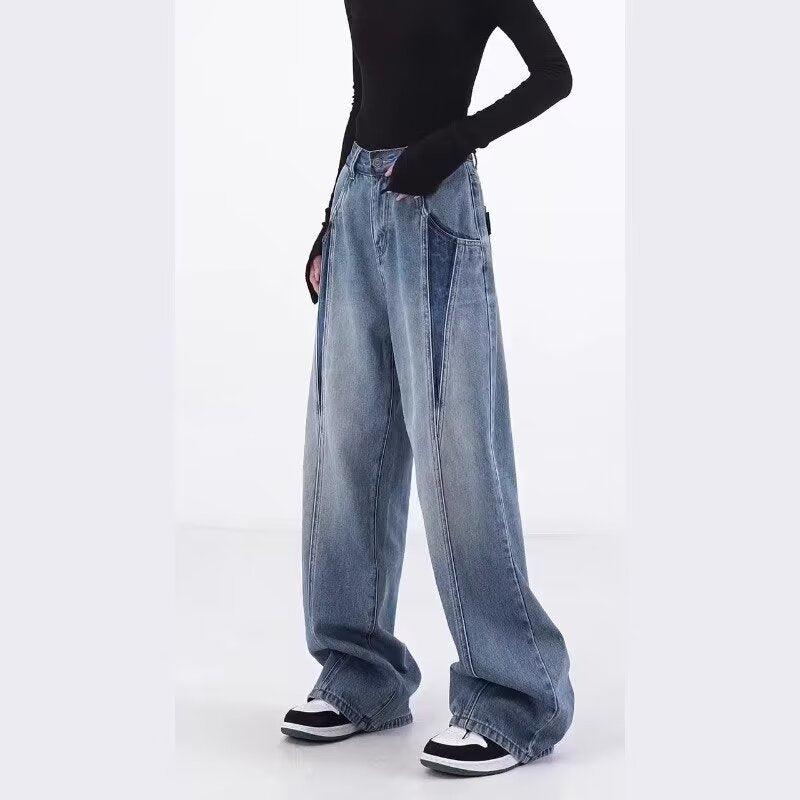 Women’s straight-leg light-blue denim jeans, high waist, patch pockets, button front