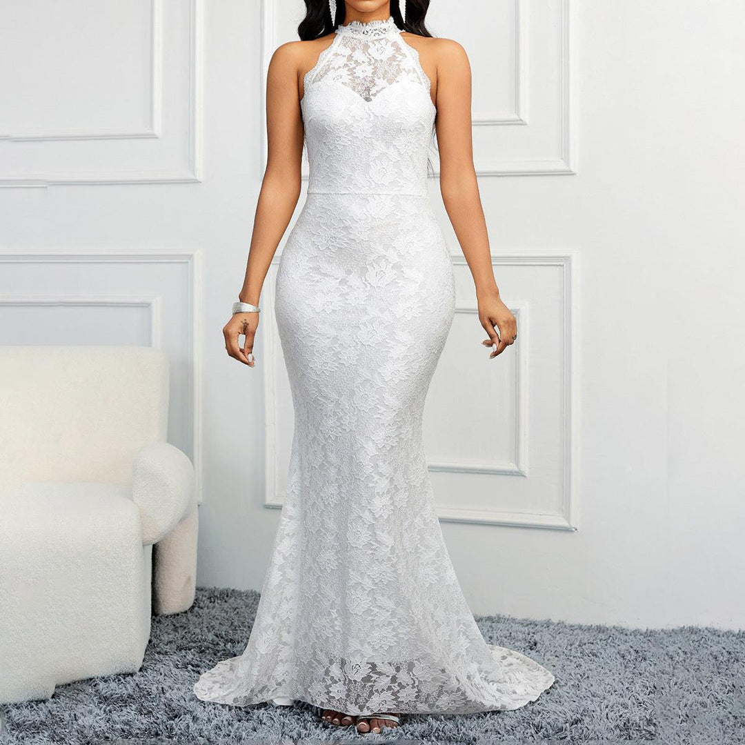 White lace halter gown, sleeveless high neck, fitted silhouette with trailing hem