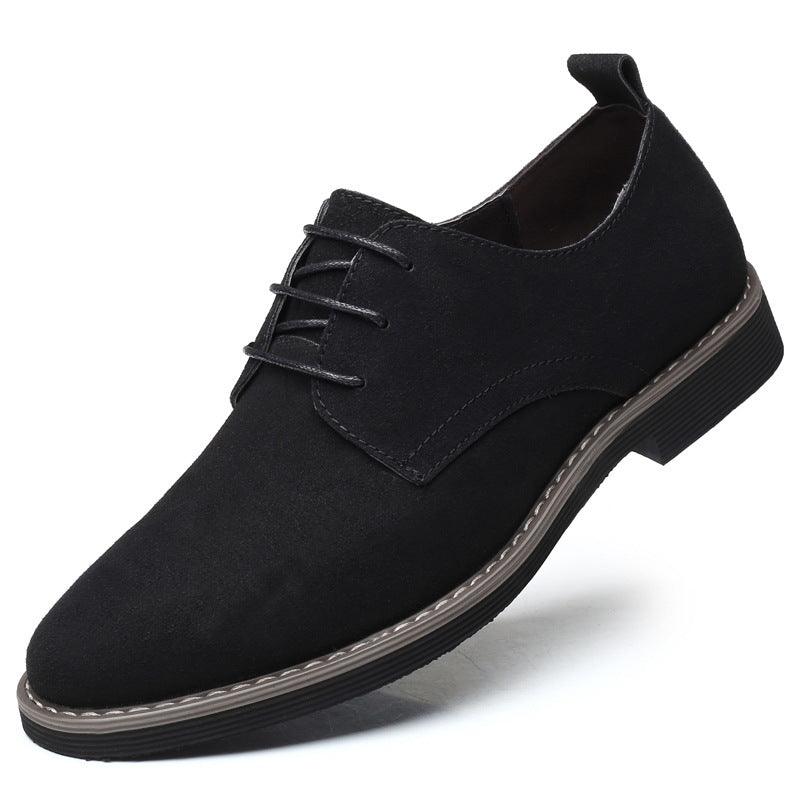Black suede casual lace-up shoes with low heel and textured rubber sole