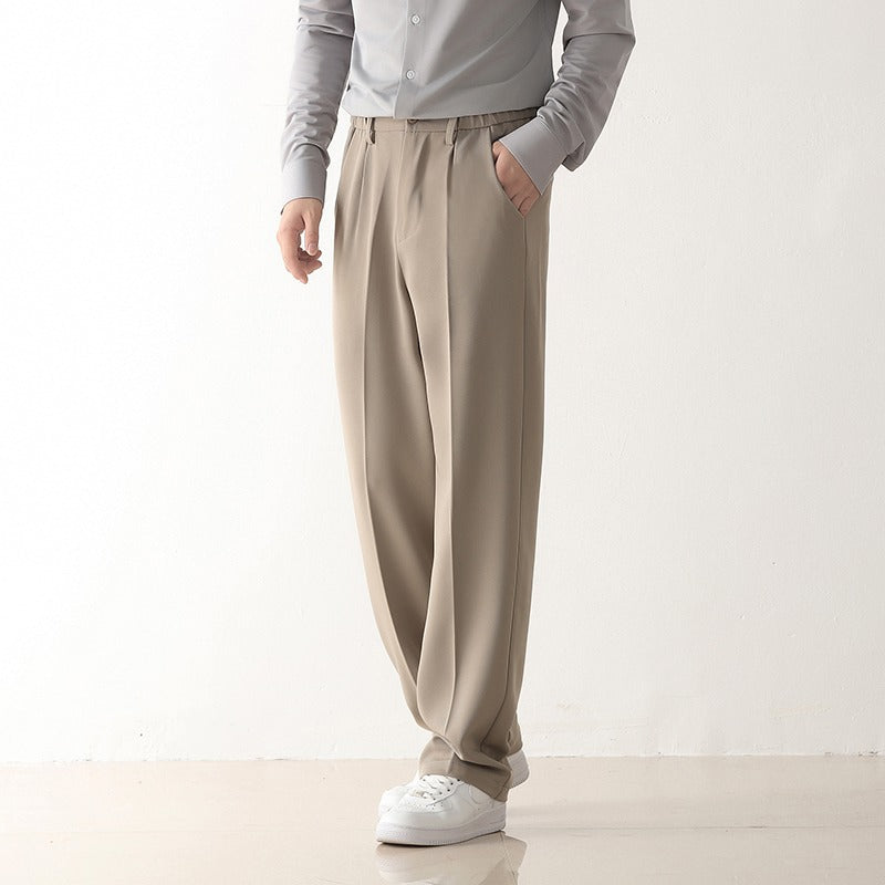 Men's straight casual trousers, khaki beige, elastic waistband, loose straight legs