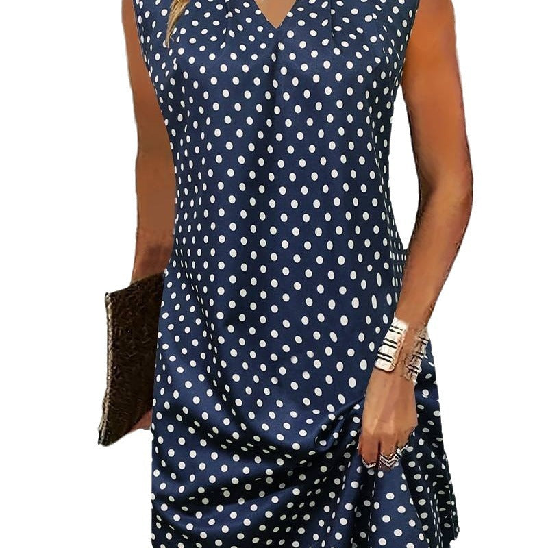 Polka Dot Printed V-neck Vest Dress - WOMONA.COM