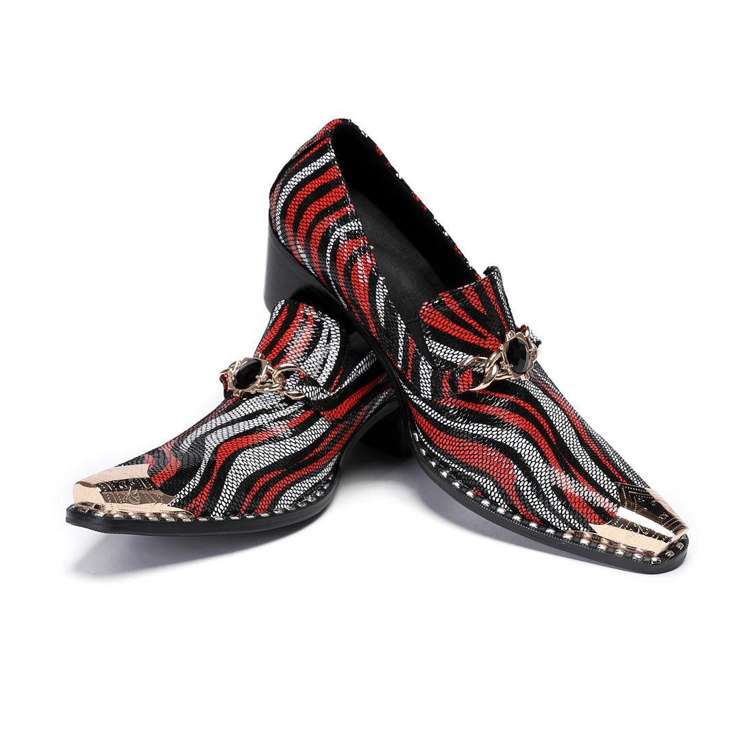 Height-increasing leather loafers, zebra stripe print, pointed toe, horsebit strap