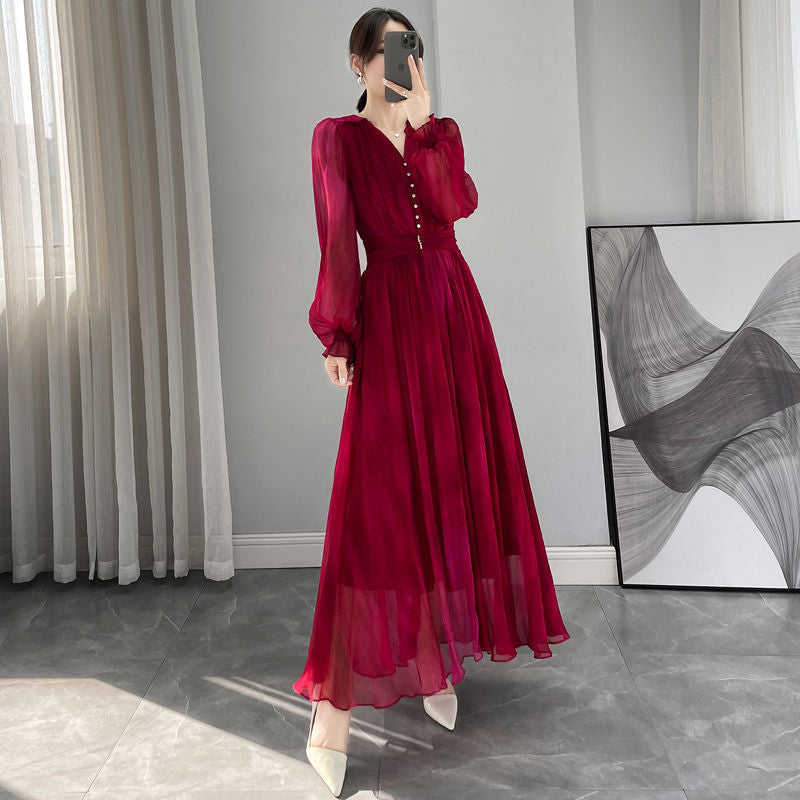 Waist-tight Elegant Lantern Sleeve Beach Vacation Rose Red Dress - WOMONA.COM