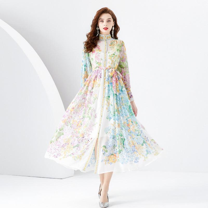 Wavy Edge Long Retro Printed Dress - WOMONA.COM