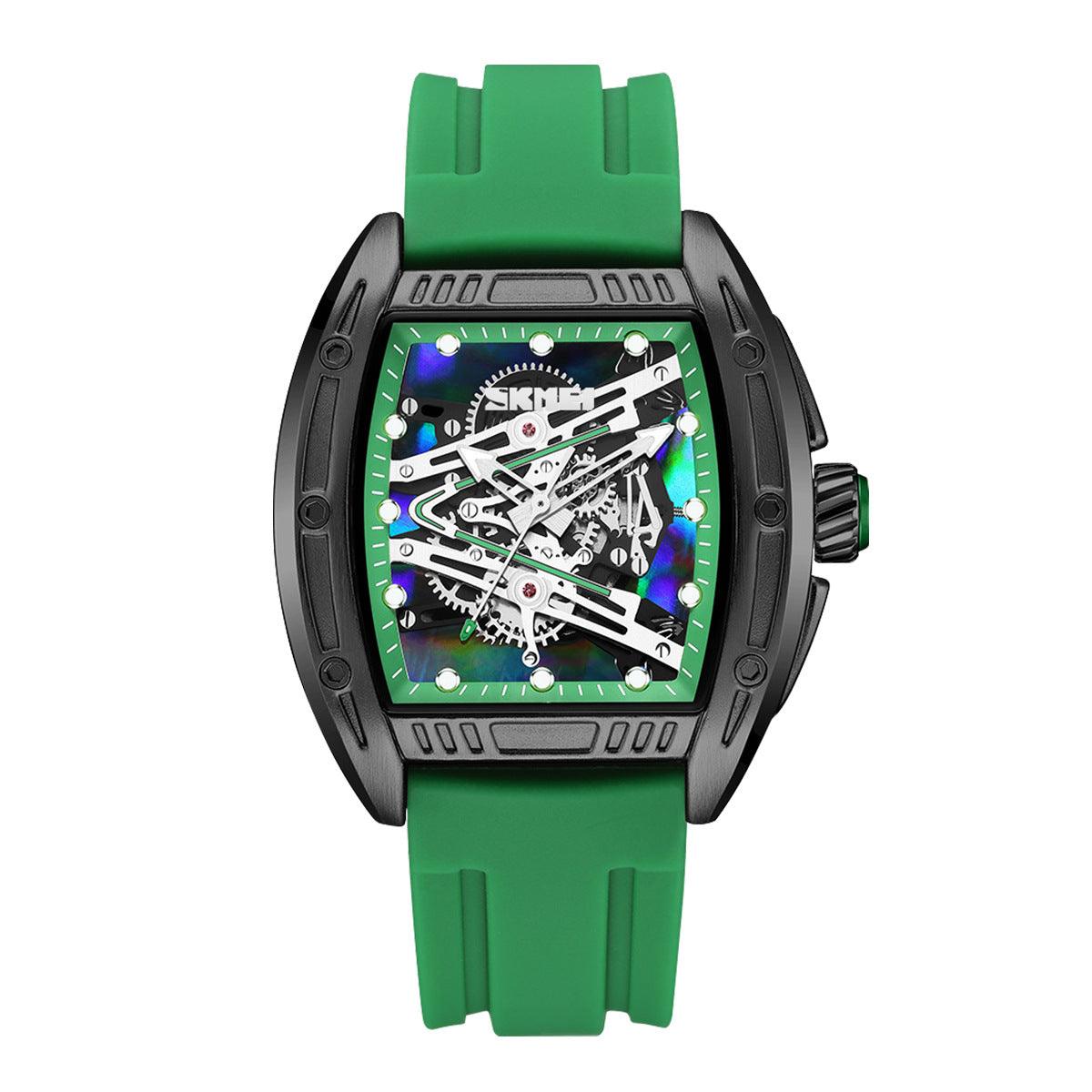 Men's luminous quartz watch with black case and bright green silicone strap