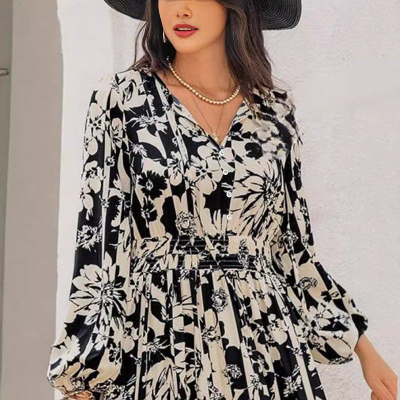 Vestido con mangas abullonadas y estampado completo de primavera y otoño