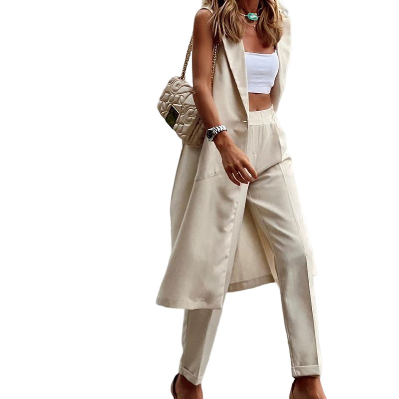 Women's Sleeveless Long Coat Straight Two-piece Suit - WOMONA.COM