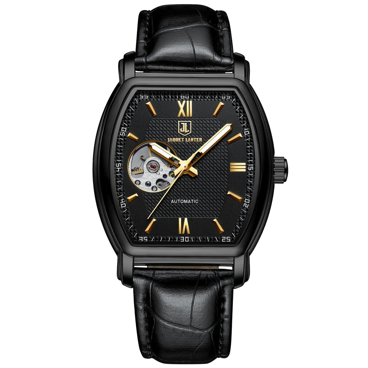 Square mechanical watch with black case, black dial, and black leather strap.