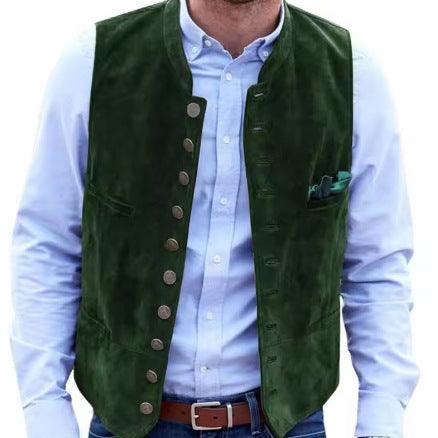 Green velvet casual vest with front button placket and two side pockets