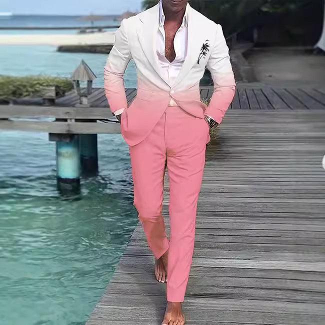 Men's suit coat set: white blazer with pink trousers, button front, notch lapels