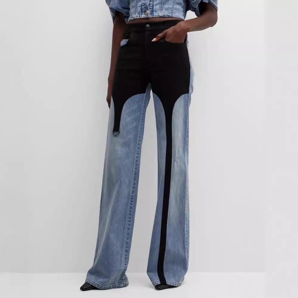 Two-tone high-rise wide-leg jeans with black front panels and washed blue legs