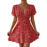 Floral Tie-neck Waist Trimming Dress - WOMONA.COM